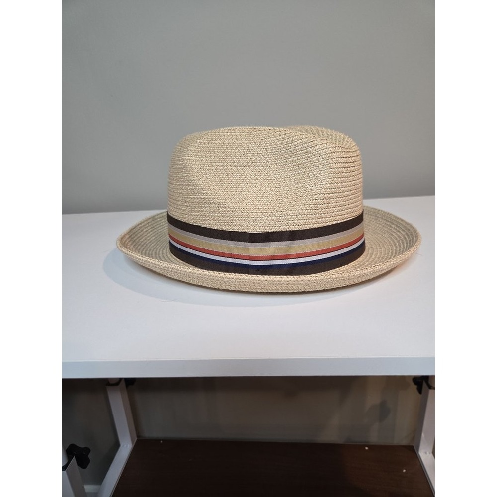Bailey of Hollywood Tan Straw Fedora Hat Medium Striped Band Coastal Vintage